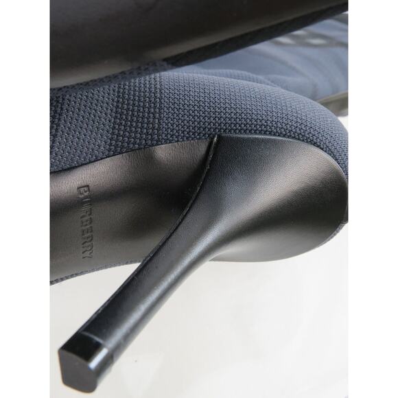 $1000 BURBERRY DOLMAN NAVY GRAY KNITTED CHECK KNEE HIGH HEEL SOCK BOOTS 37 - Picture 14 of 15